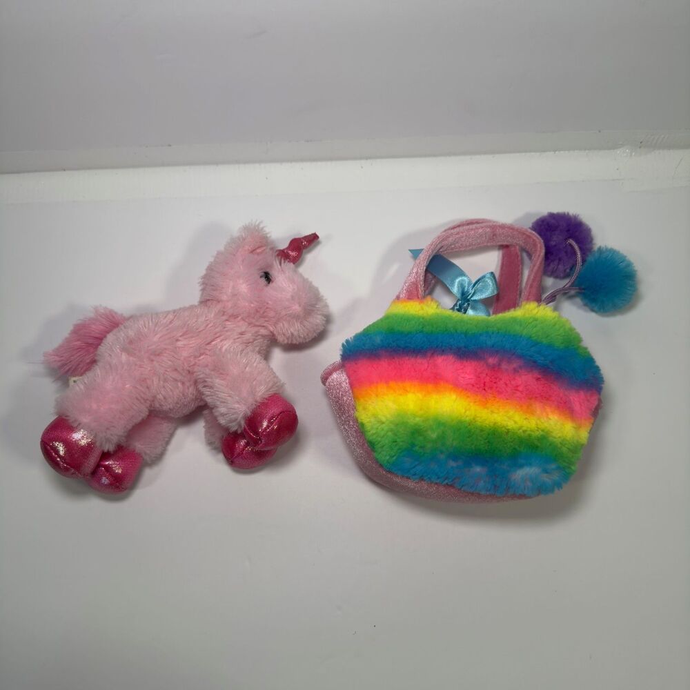 Aurora Fashionable Fancy Pals Plush Pink Rainbow Unicorn Stuffed Animal w/ Purse
